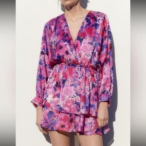 ZARA Womens Floral Mini Dress Size S Pink Colorful Girly Flowy Bohemian